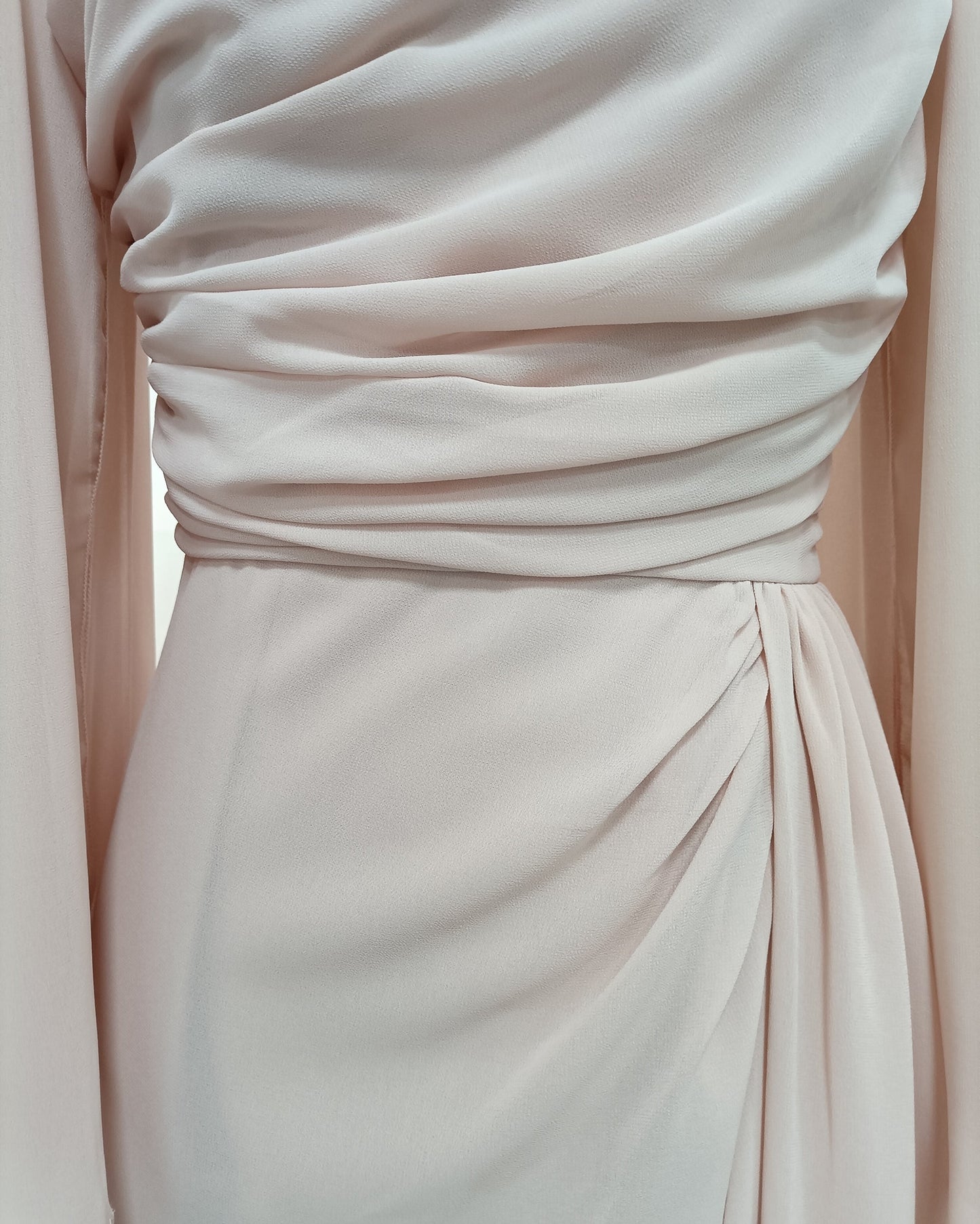 Pink Ruched Waist Long Sleeve Formal Maxi Dress
