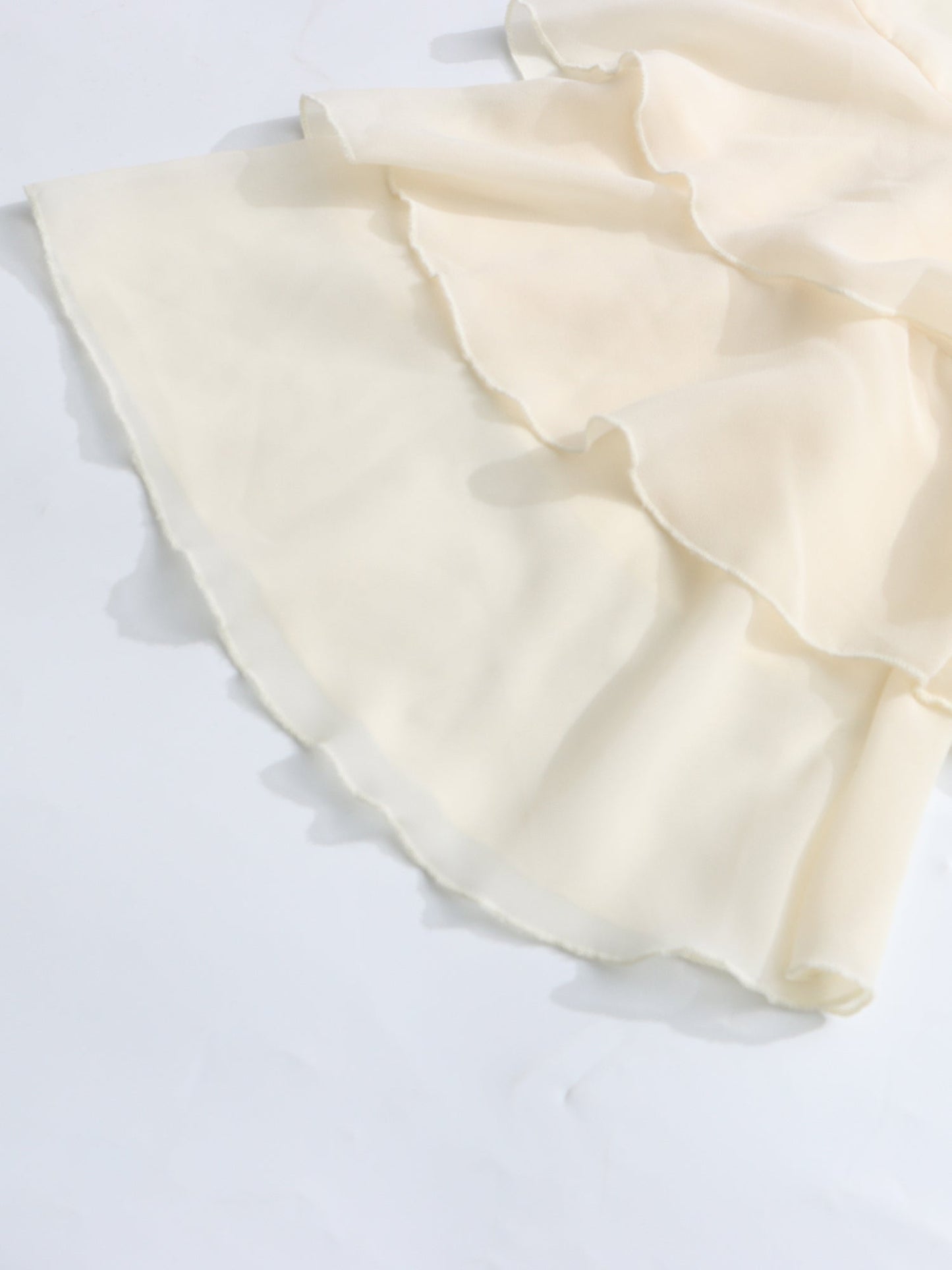 Beige Ruffled Chiffon Blouse with Tiered Bell Sleeves