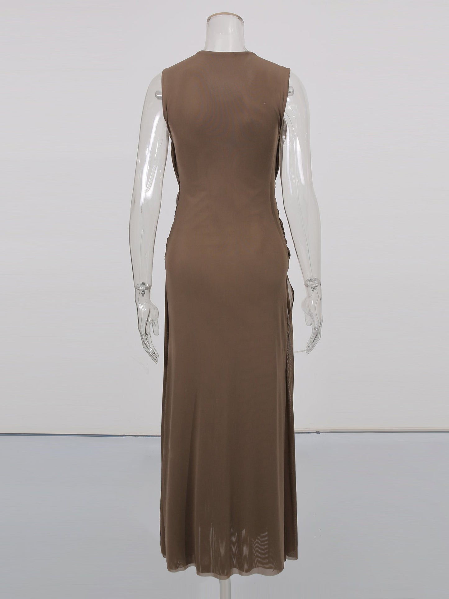 Coffee Sleeveless Knotted Ruched Maxi Dress