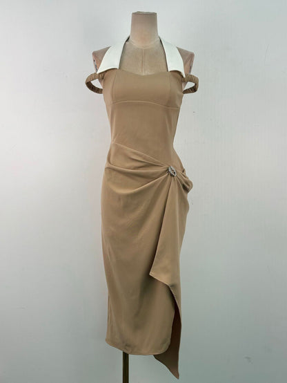 Neck Hanging Color Blocked Long Dress