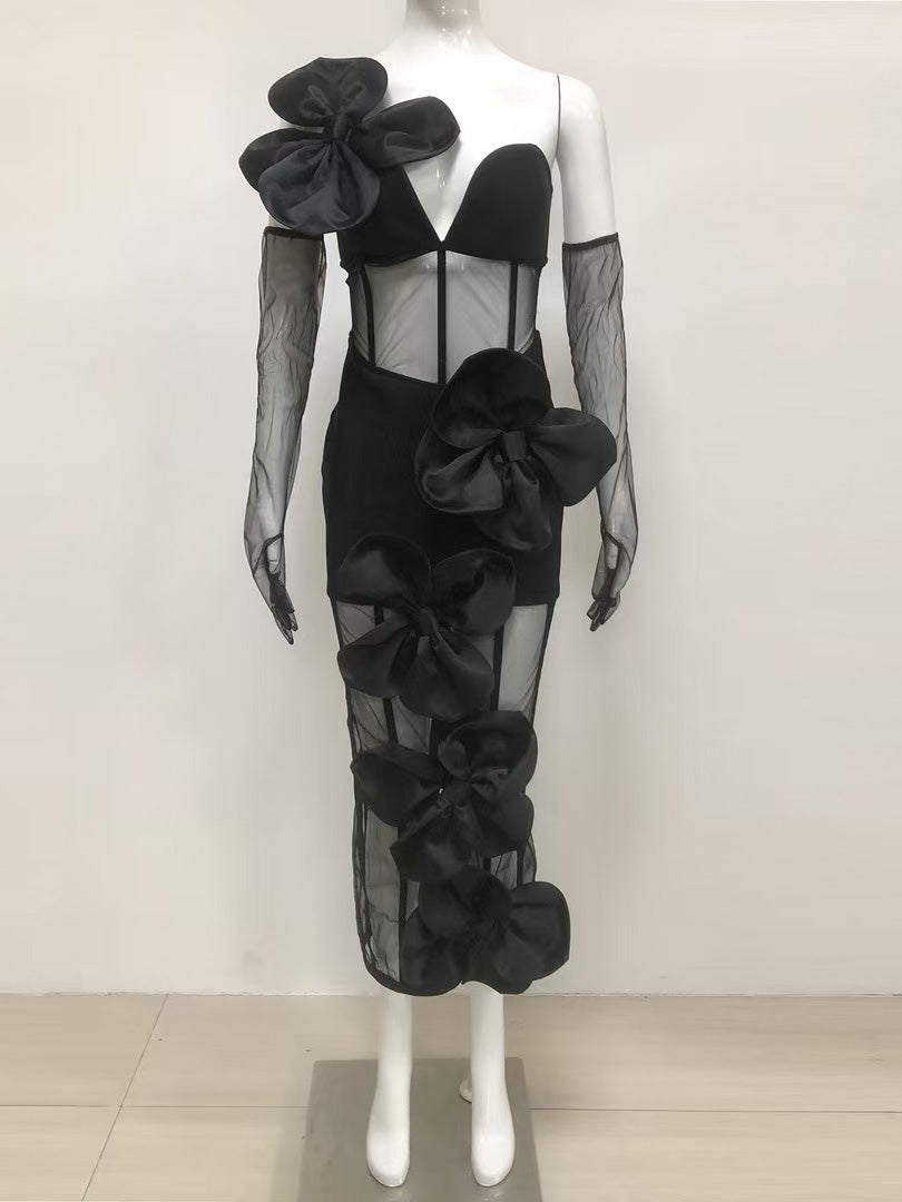 Off Shoulder Mesh Patchwork Backless Midi Dress