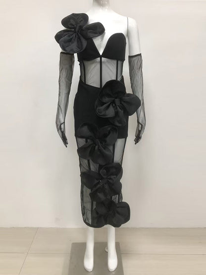 Off Shoulder Mesh Patchwork Backless Midi Dress