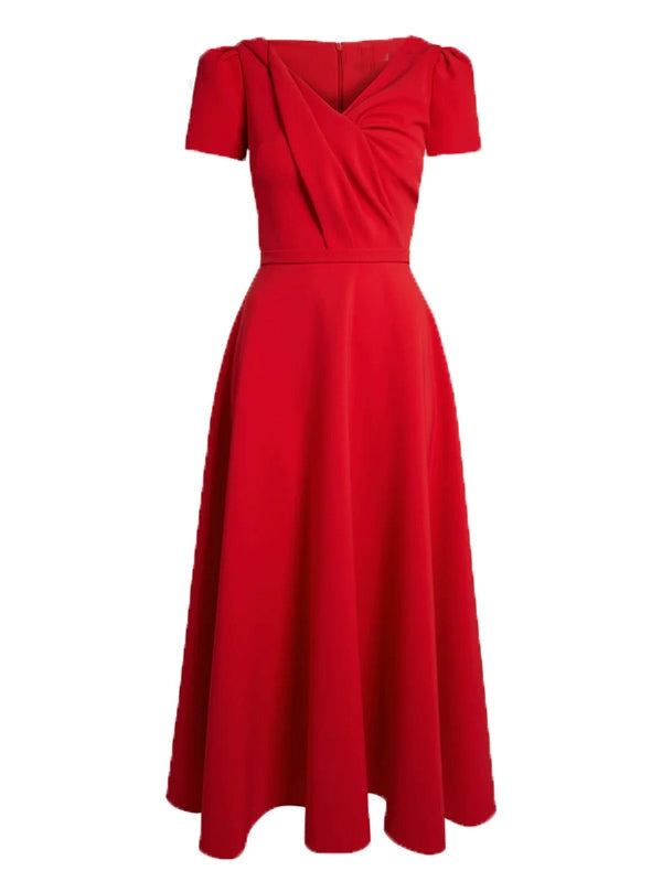 Temperament Solid V-neck Long Dress