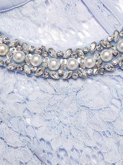 Flower Lace Patchwork Pearls Short Dress
