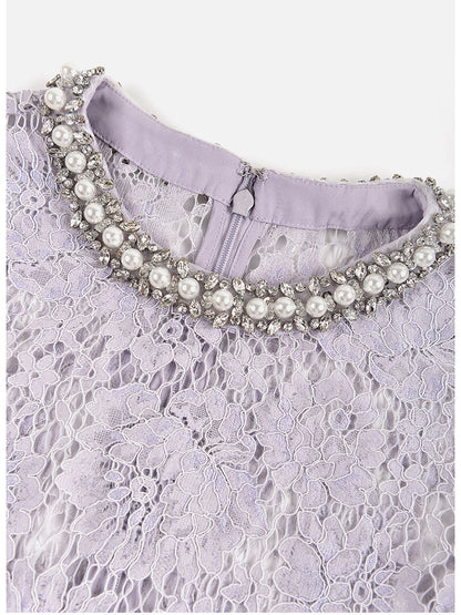 Flower Lace Patchwork Pearls Short Dress