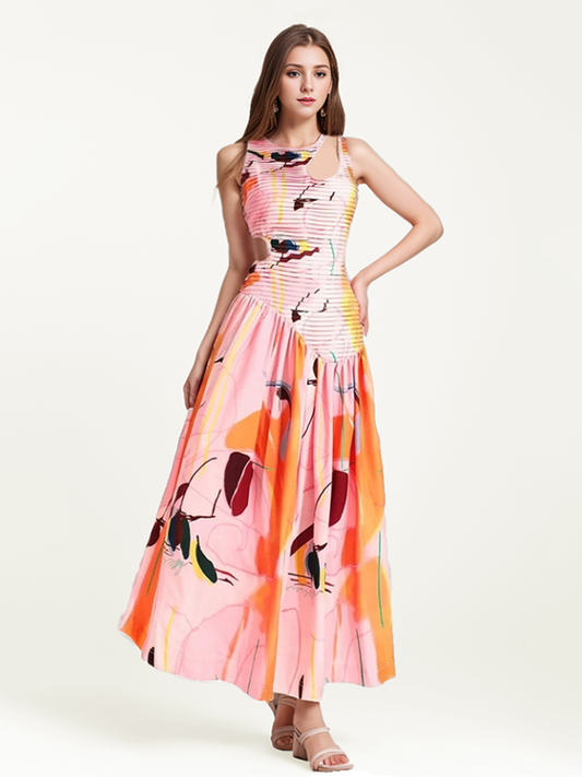 Gabrielle Round-Neck Pleated Maxi Dress
