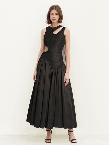Gabrielle Round-Neck Pleated Maxi Dress