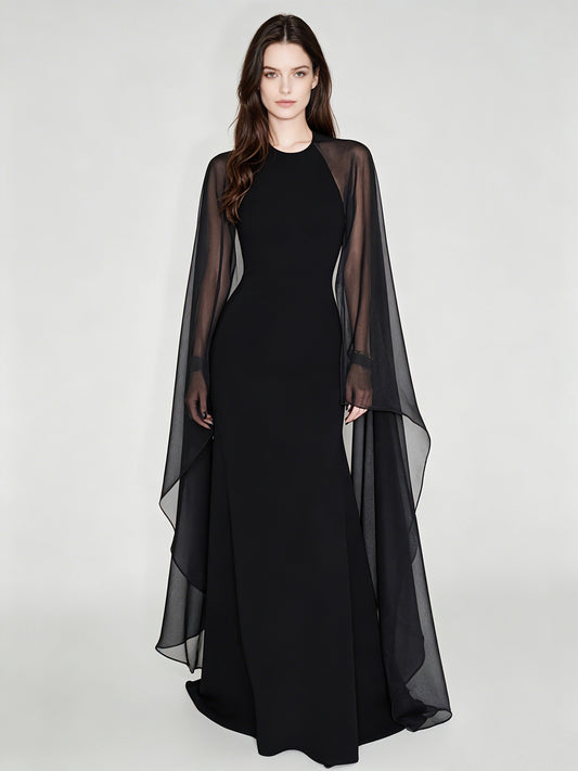 Helena Round-Neck Cape-Sleeve Dress