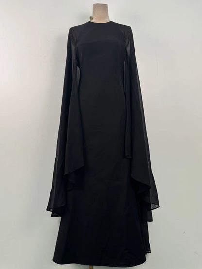 Helena Round-Neck Cape-Sleeve Dress