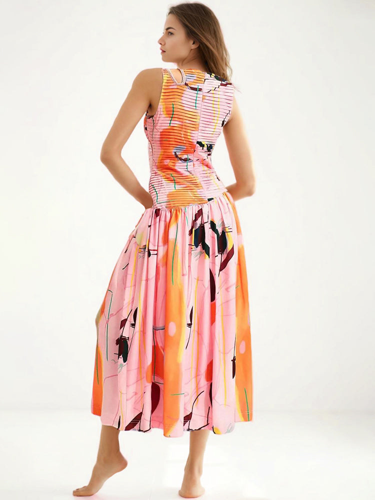 Gabrielle Round-Neck Pleated Maxi Dress