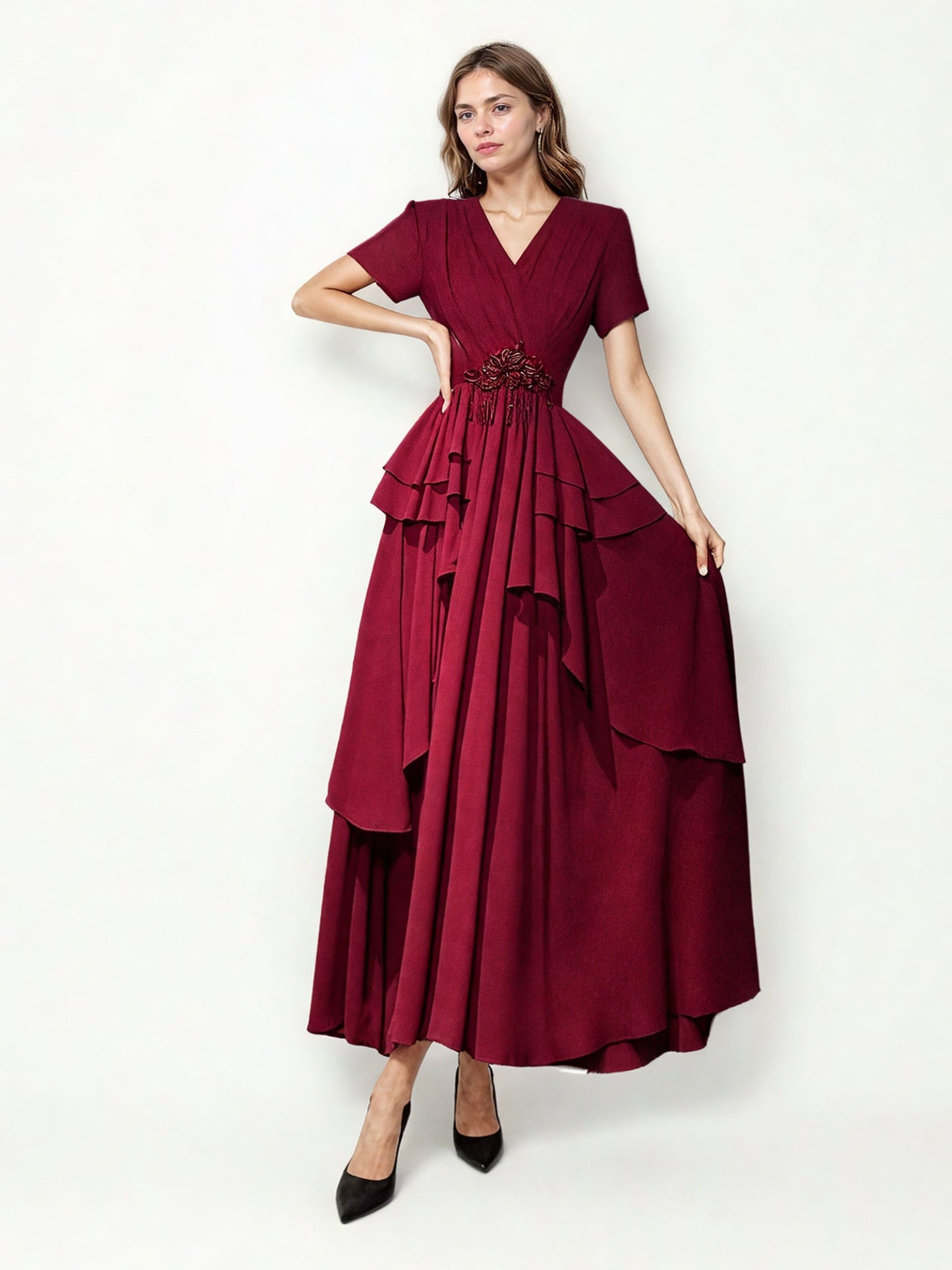 Elegant V-neck Patchwork Long Dress