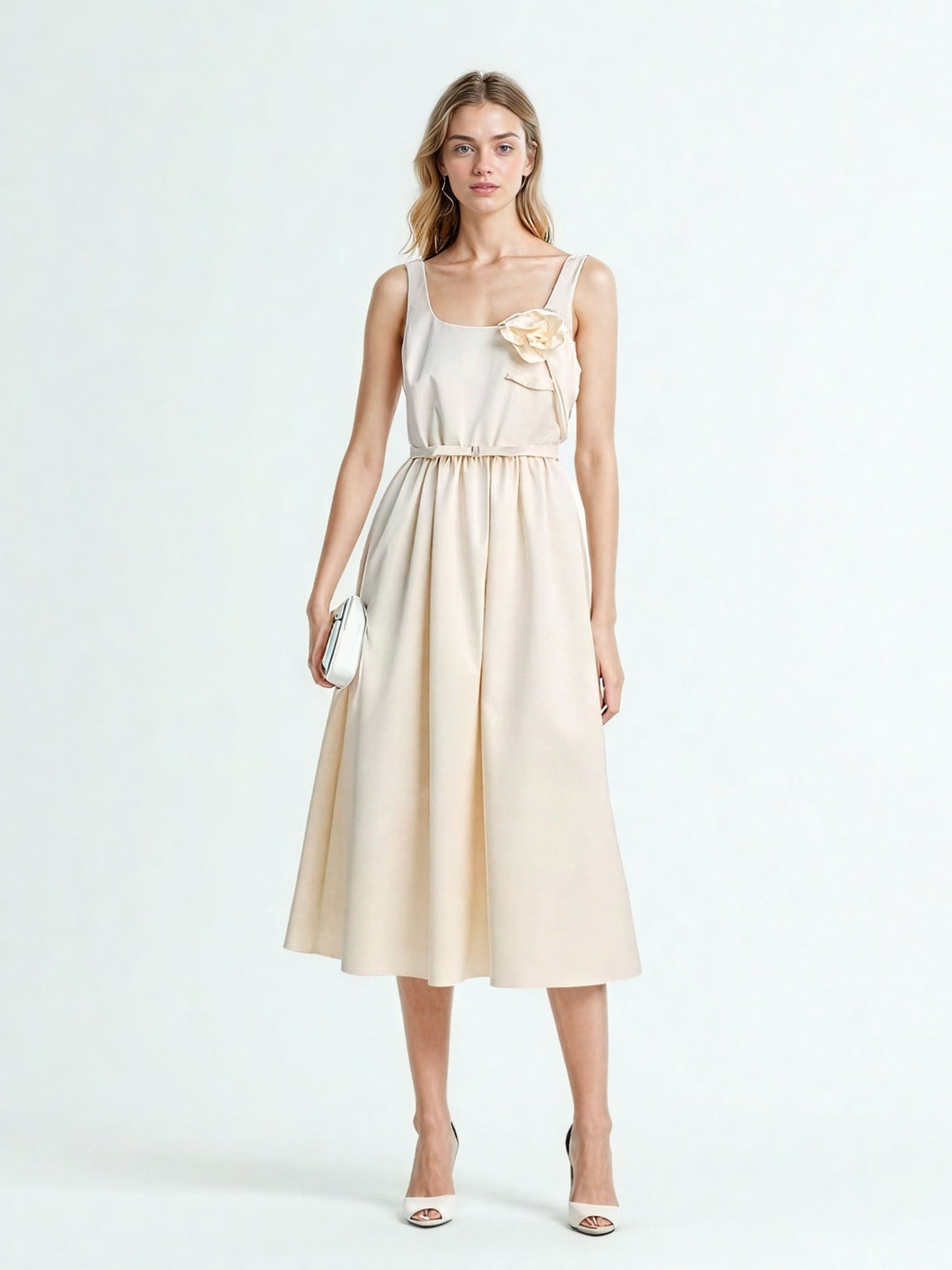 Square Collar Patchwork Midi Dress