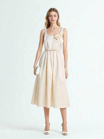 Square Collar Patchwork Midi Dress
