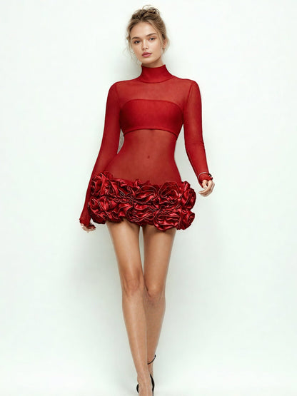 Patchwork Flower Solid Short Dress