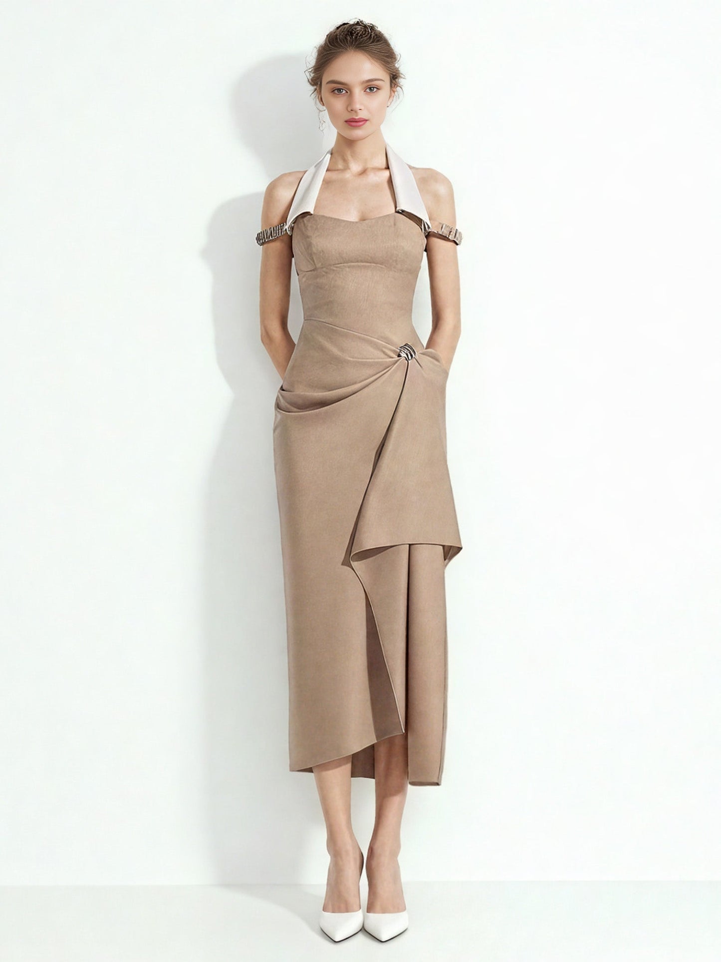 Neck Hanging Color Blocked Long Dress