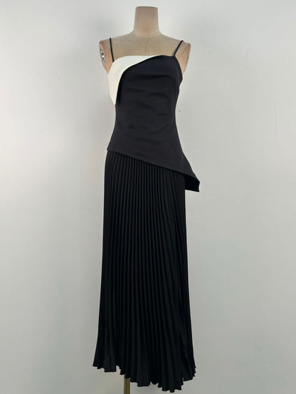 Patchwork Strap Pleated Long Dress