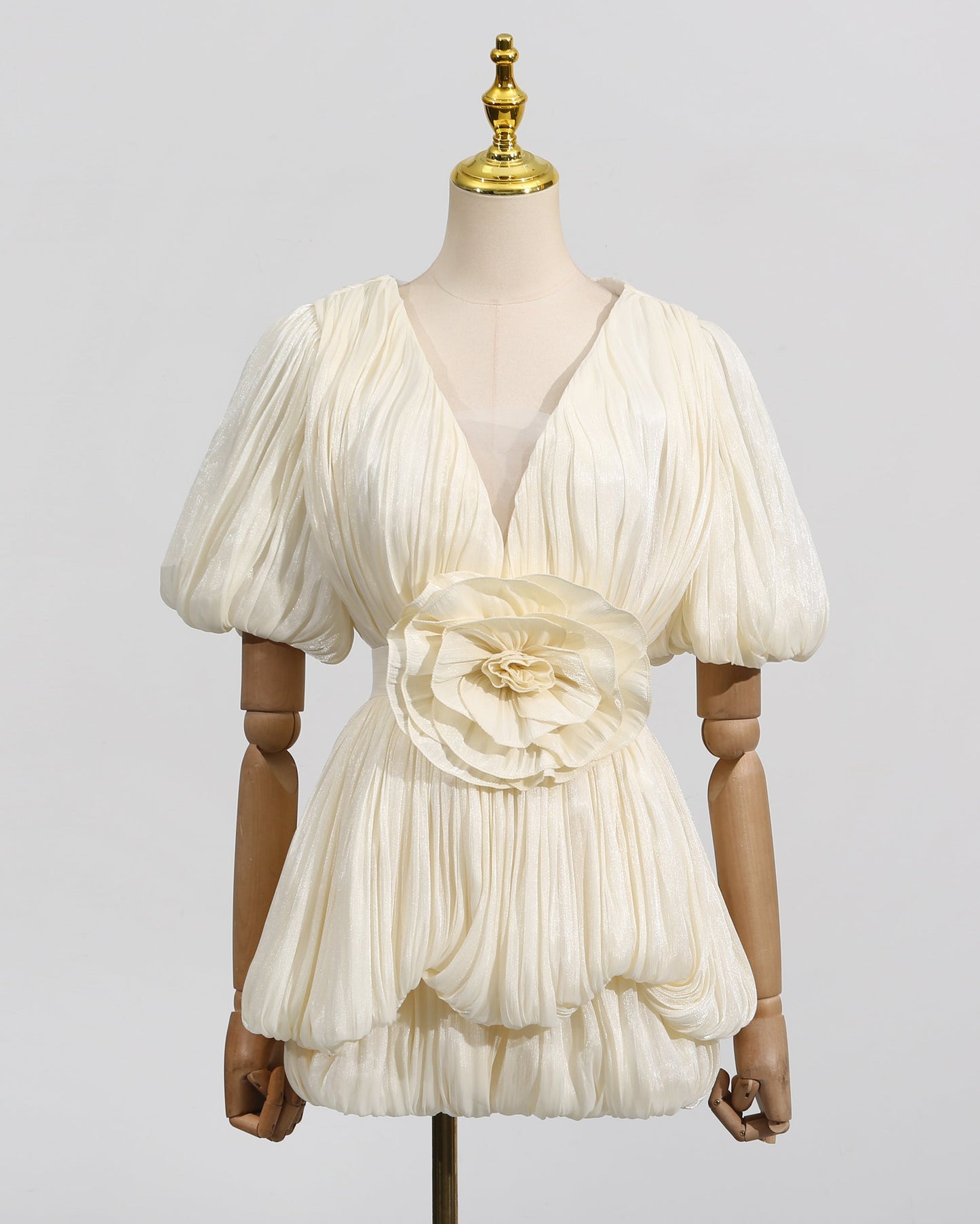 Apricot 3D Flower Ruched Puff Sleeve Mini Dress