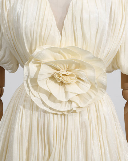 Apricot 3D Flower Ruched Puff Sleeve Mini Dress