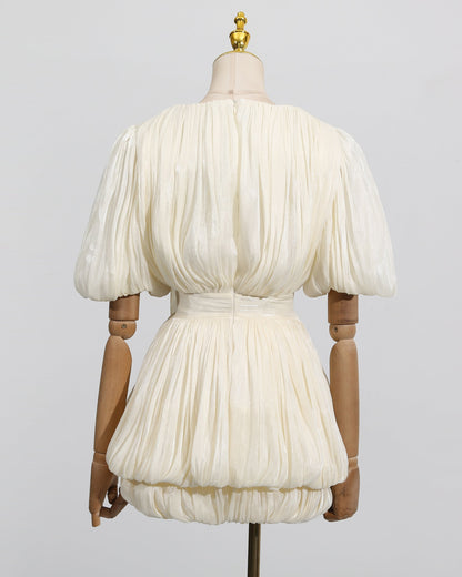 Apricot 3D Flower Ruched Puff Sleeve Mini Dress