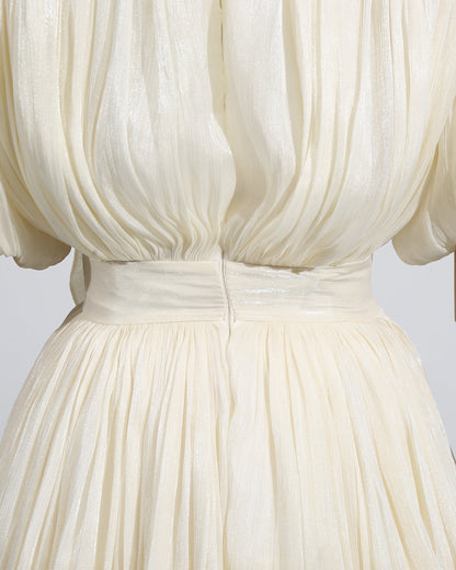 Apricot 3D Flower Ruched Puff Sleeve Mini Dress