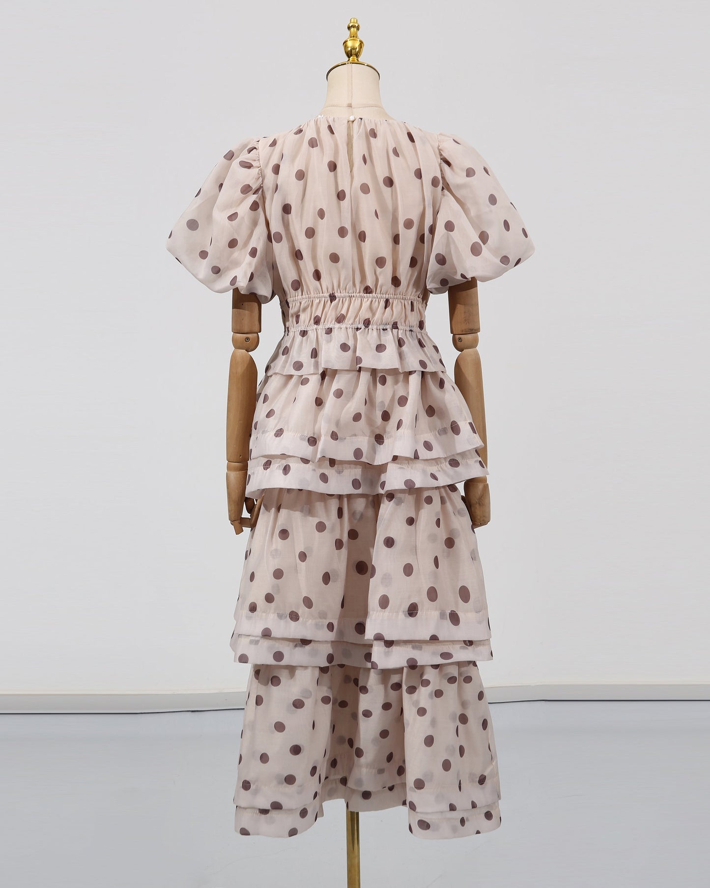 Apricot Polka Dot Puff Sleeve Tiered Dress Set