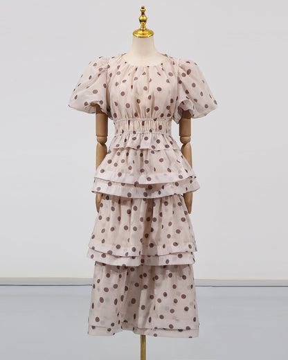 Apricot Polka Dot Puff Sleeve Tiered Dress Set