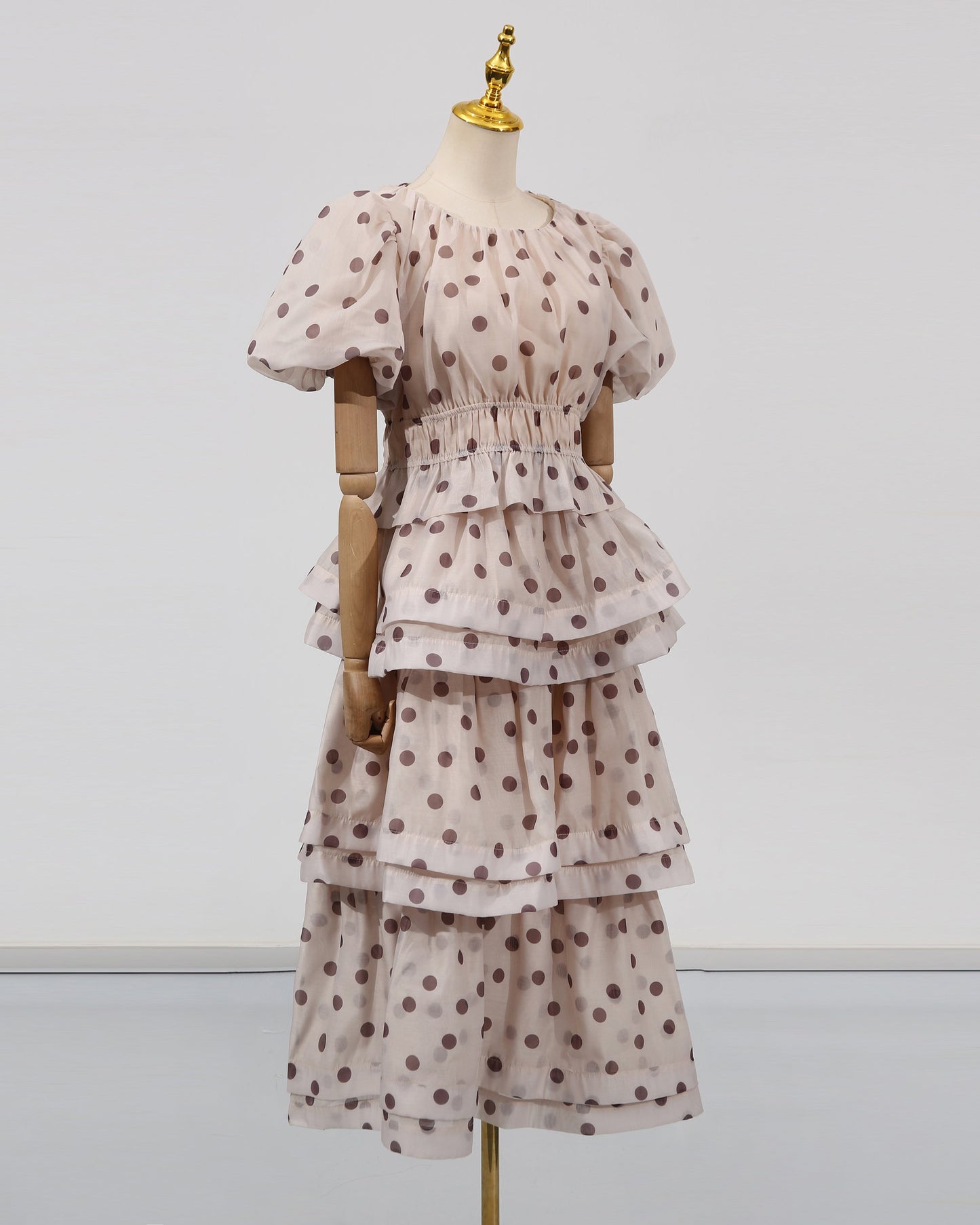 Apricot Polka Dot Puff Sleeve Tiered Dress Set
