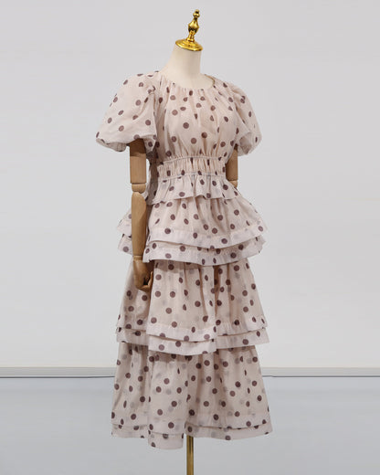 Apricot Polka Dot Puff Sleeve Tiered Dress Set