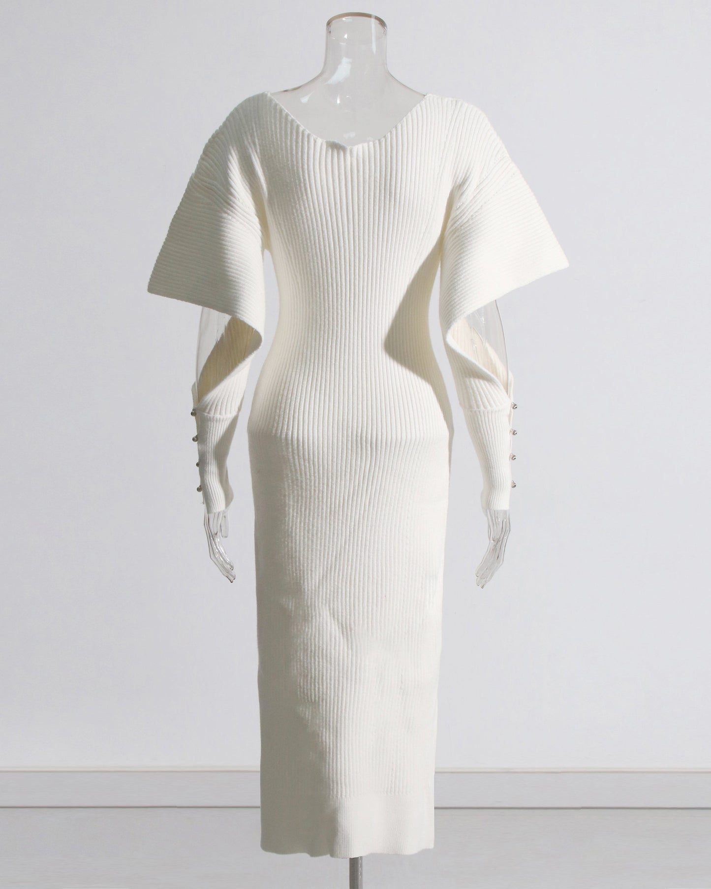 Beige Ribbed Knit Midi Dress with Cape Sleeves