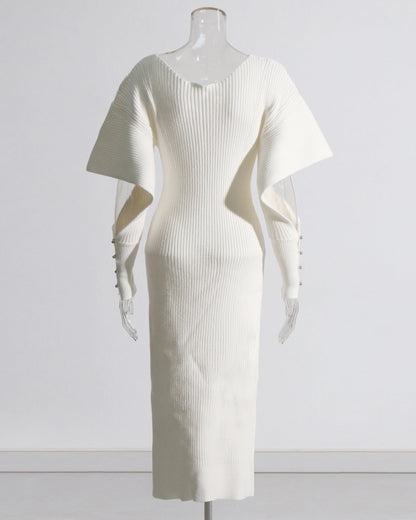 Beige Ribbed Knit Midi Dress with Cape Sleeves