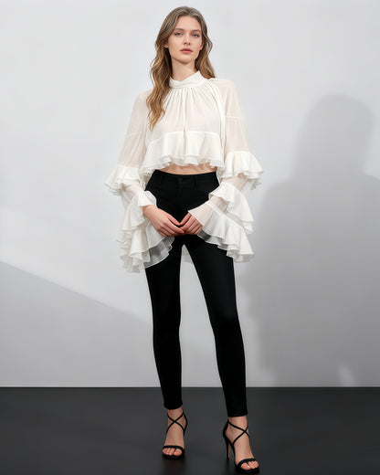 Beige Ruffled Chiffon Blouse with Tiered Bell Sleeves