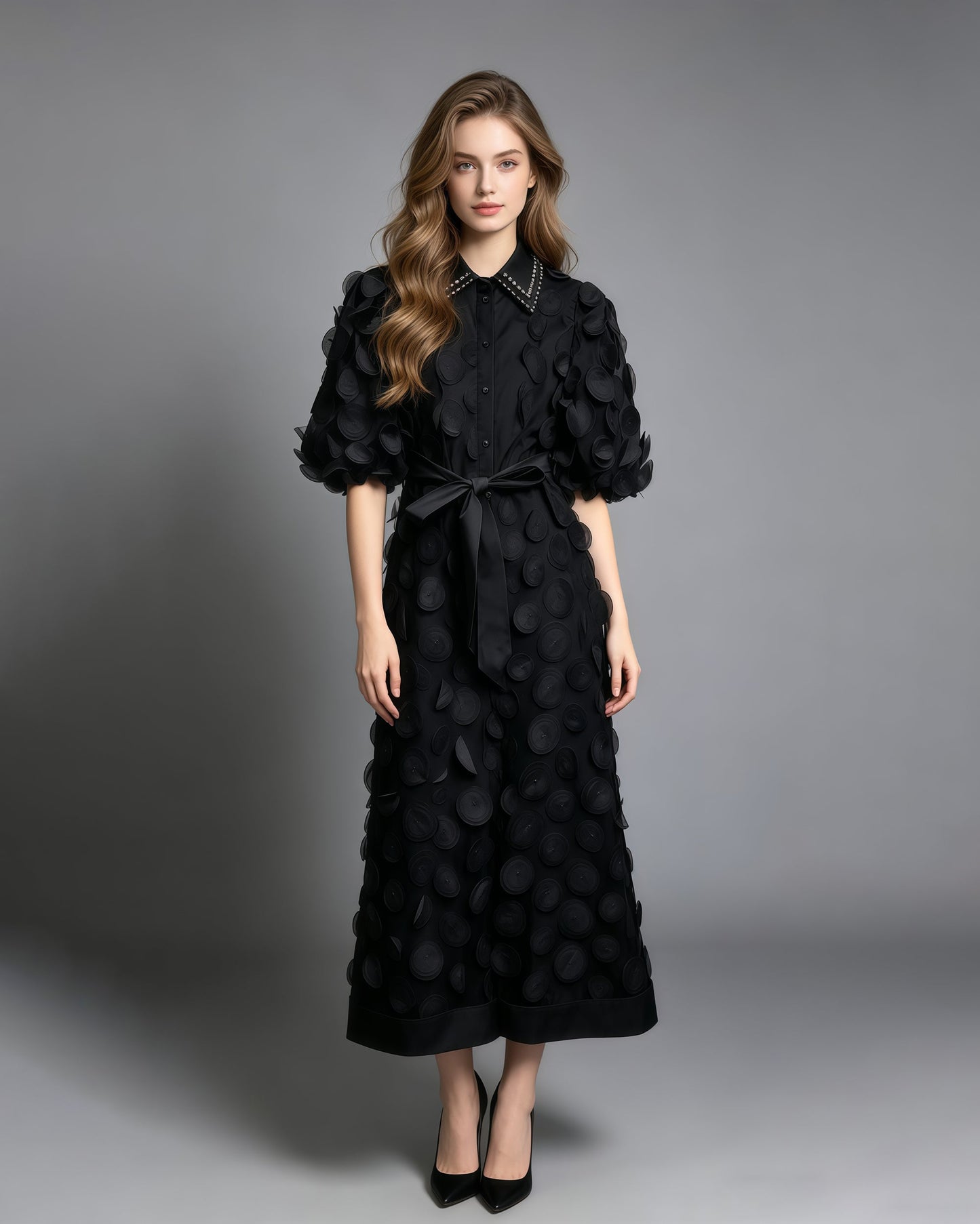 Black Beaded Lapel Tunic Belted Maxi Shirt Dress