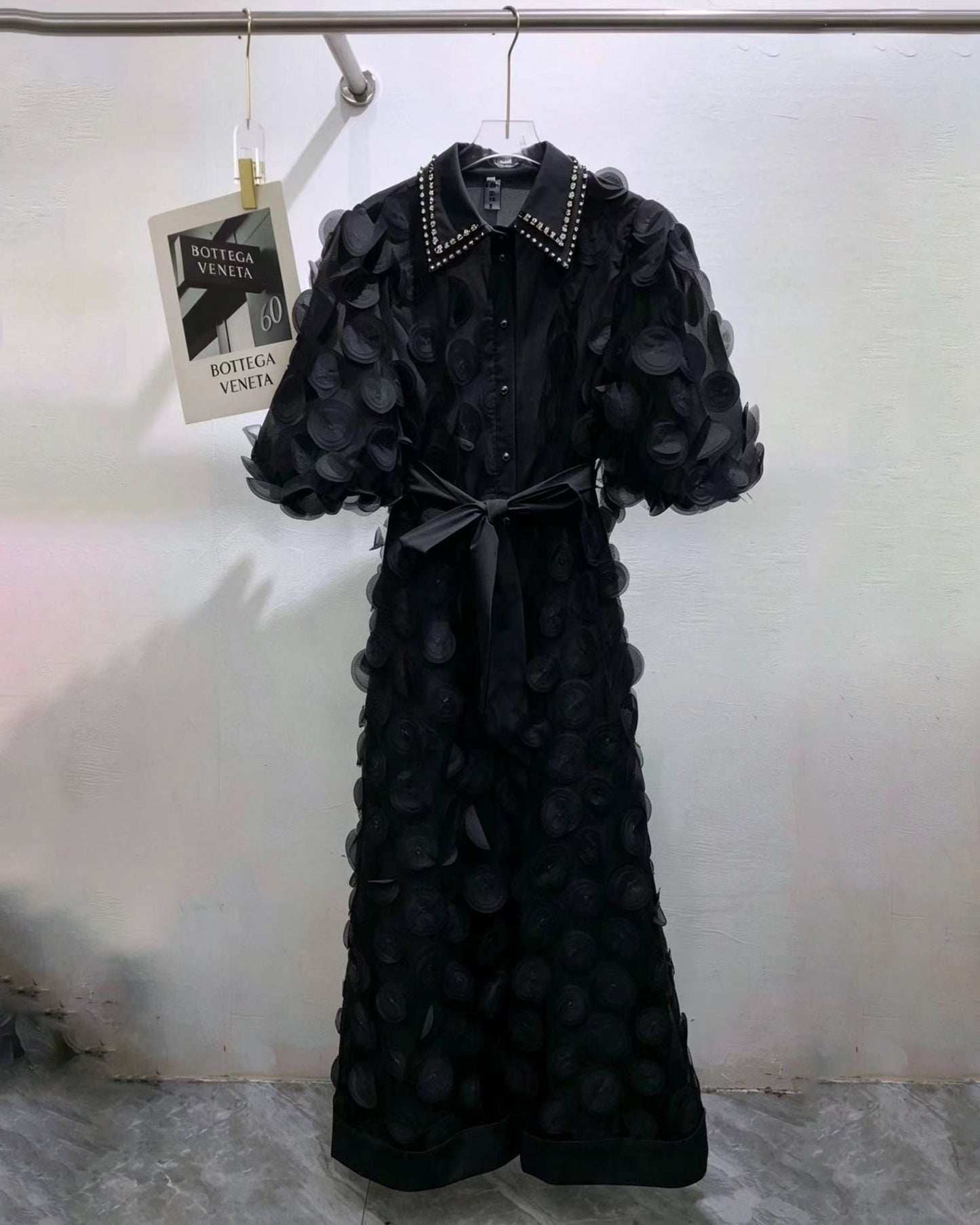 Black Beaded Lapel Tunic Belted Maxi Shirt Dress