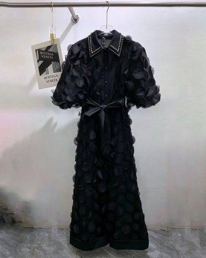 Black Beaded Lapel Tunic Belted Maxi Shirt Dress