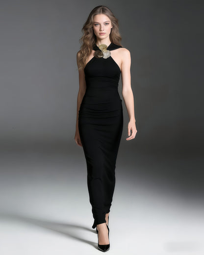 Black Halter Neck Gold Floral Maxi Dress