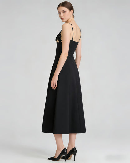 Black Lace Applique Spaghetti Strap Midi Dress