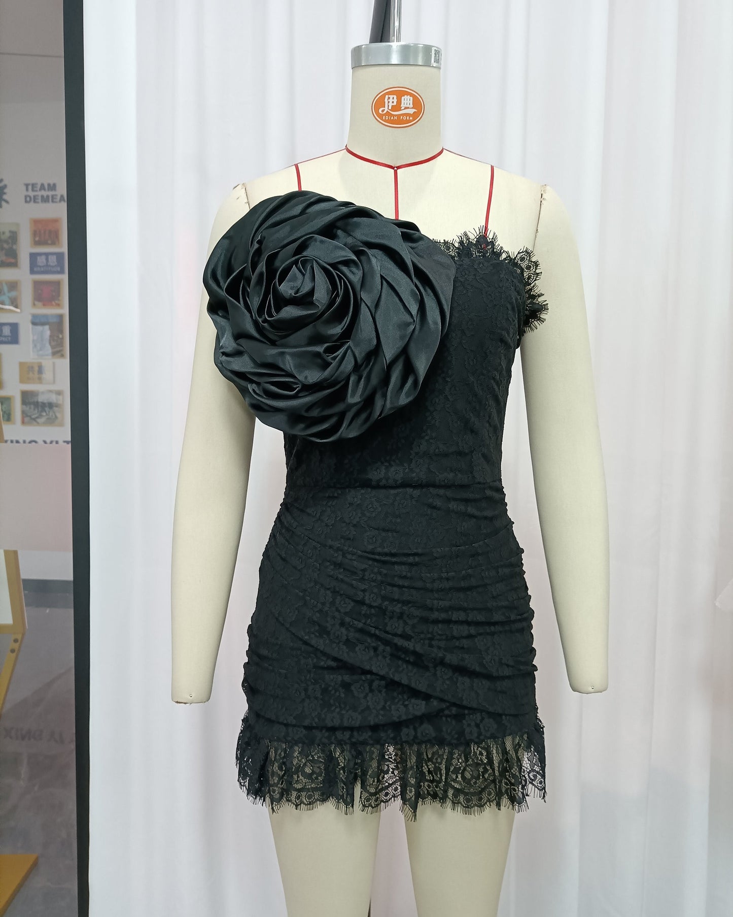 Black Lace One-Shoulder Rose Mini Dress