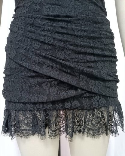 Black Lace One-Shoulder Rose Mini Dress