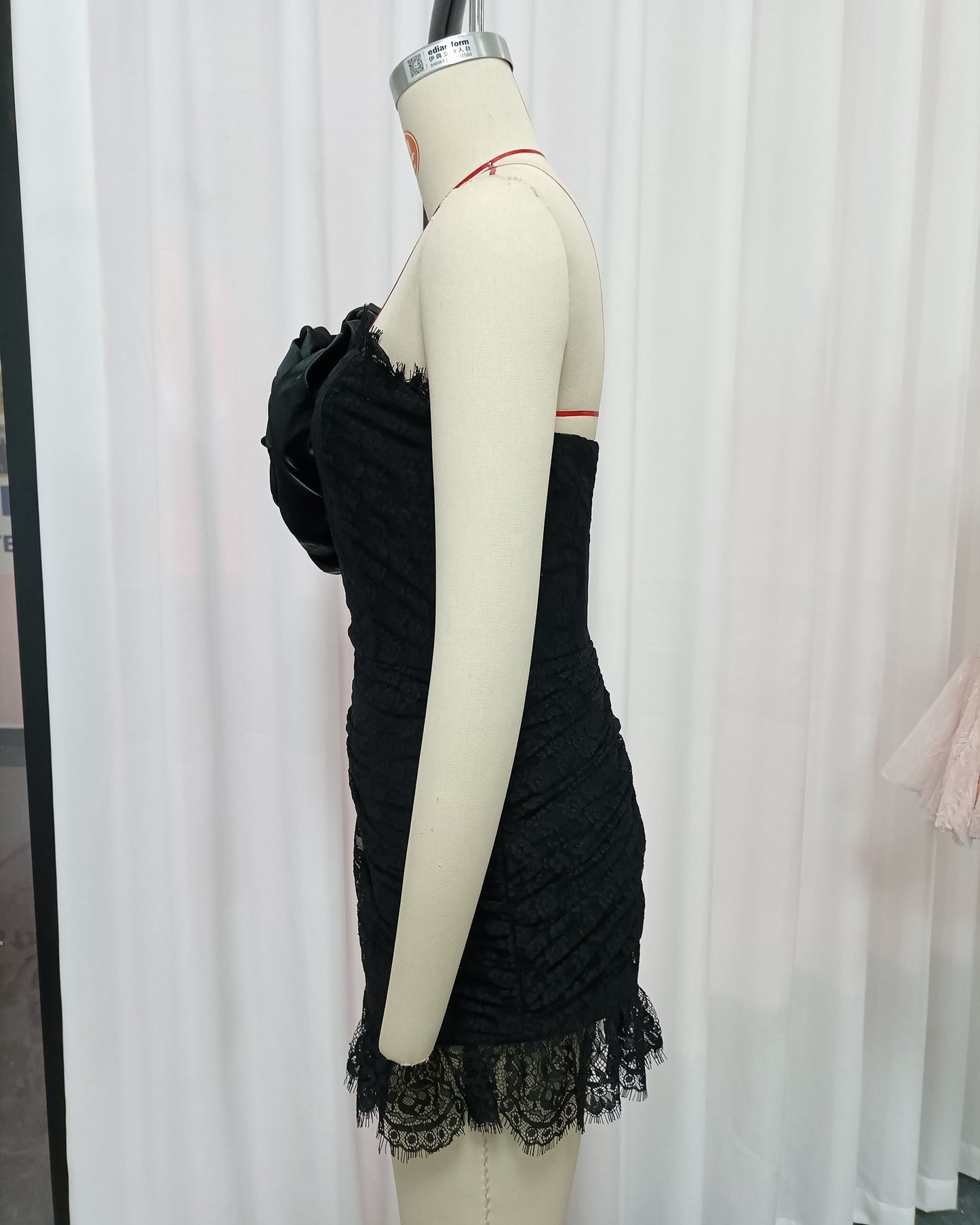 Black Lace One-Shoulder Rose Mini Dress