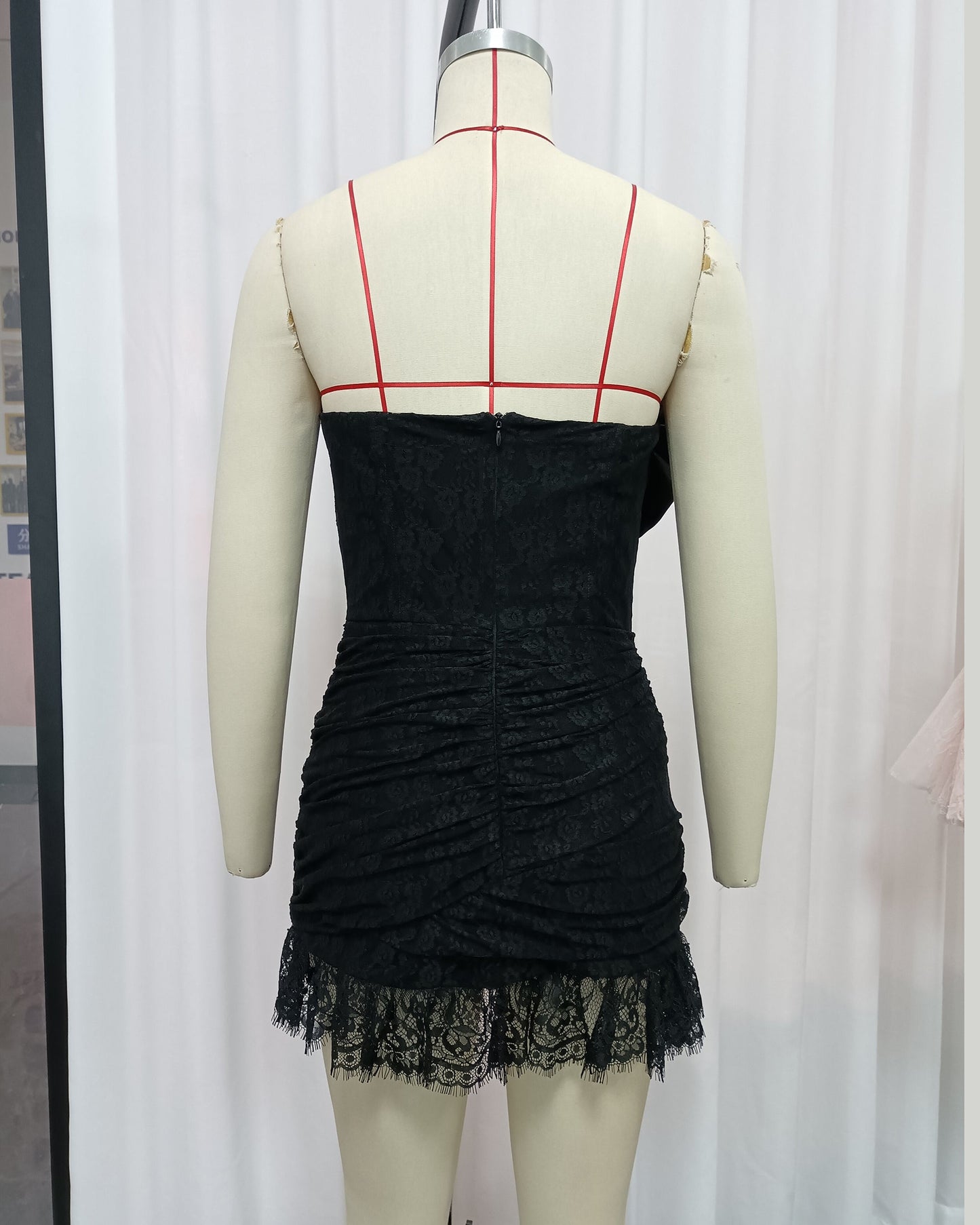 Black Lace One-Shoulder Rose Mini Dress