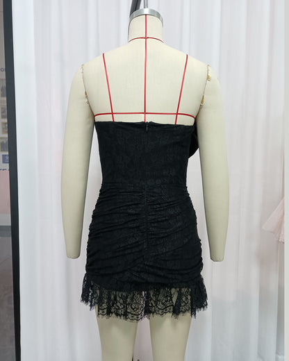 Black Lace One-Shoulder Rose Mini Dress