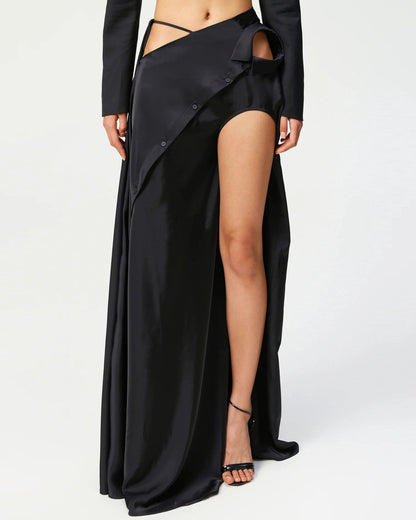 Black Satin Asymmetrical Cutout Midi Skirt