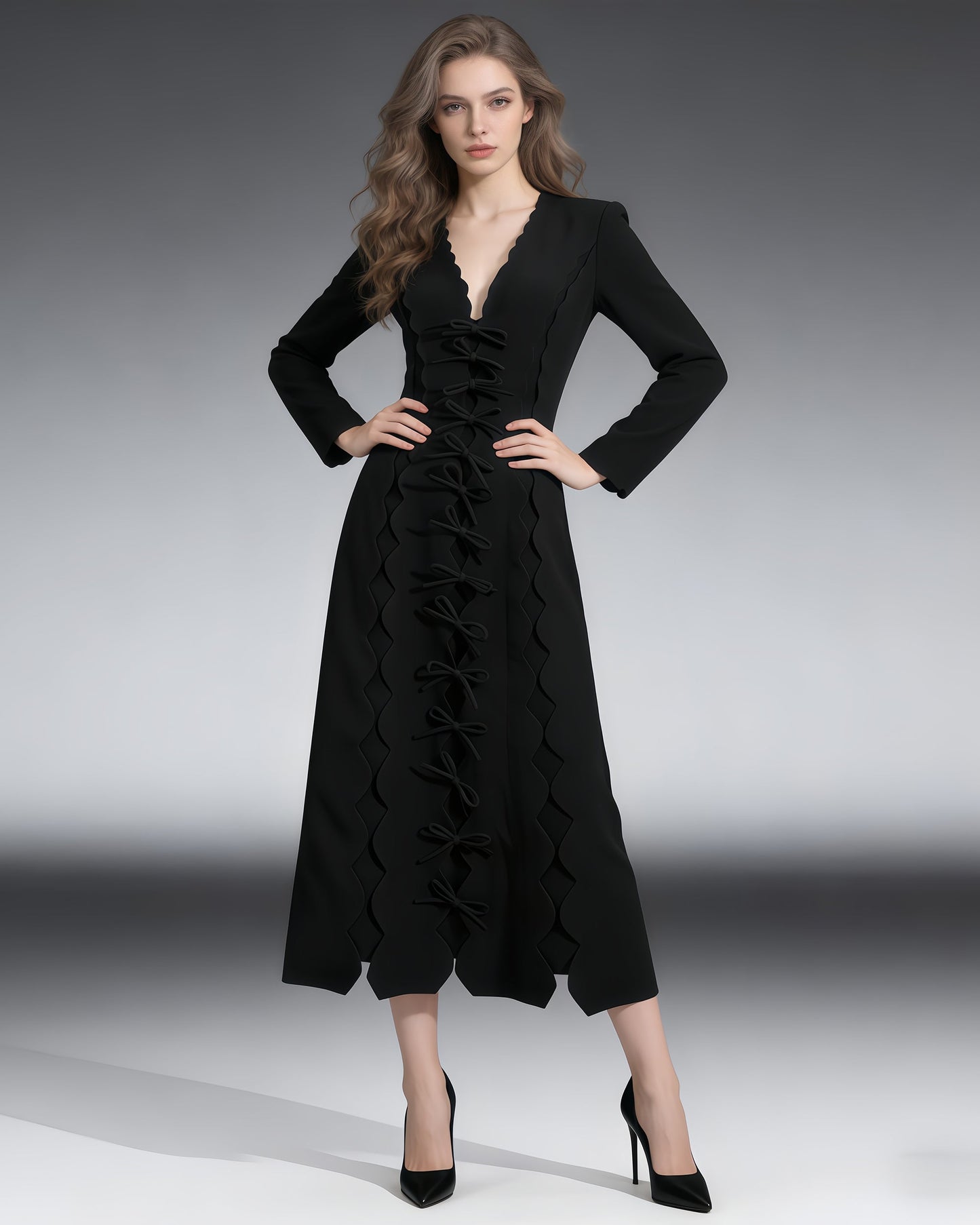 Black Scalloped Bow Midi Dress