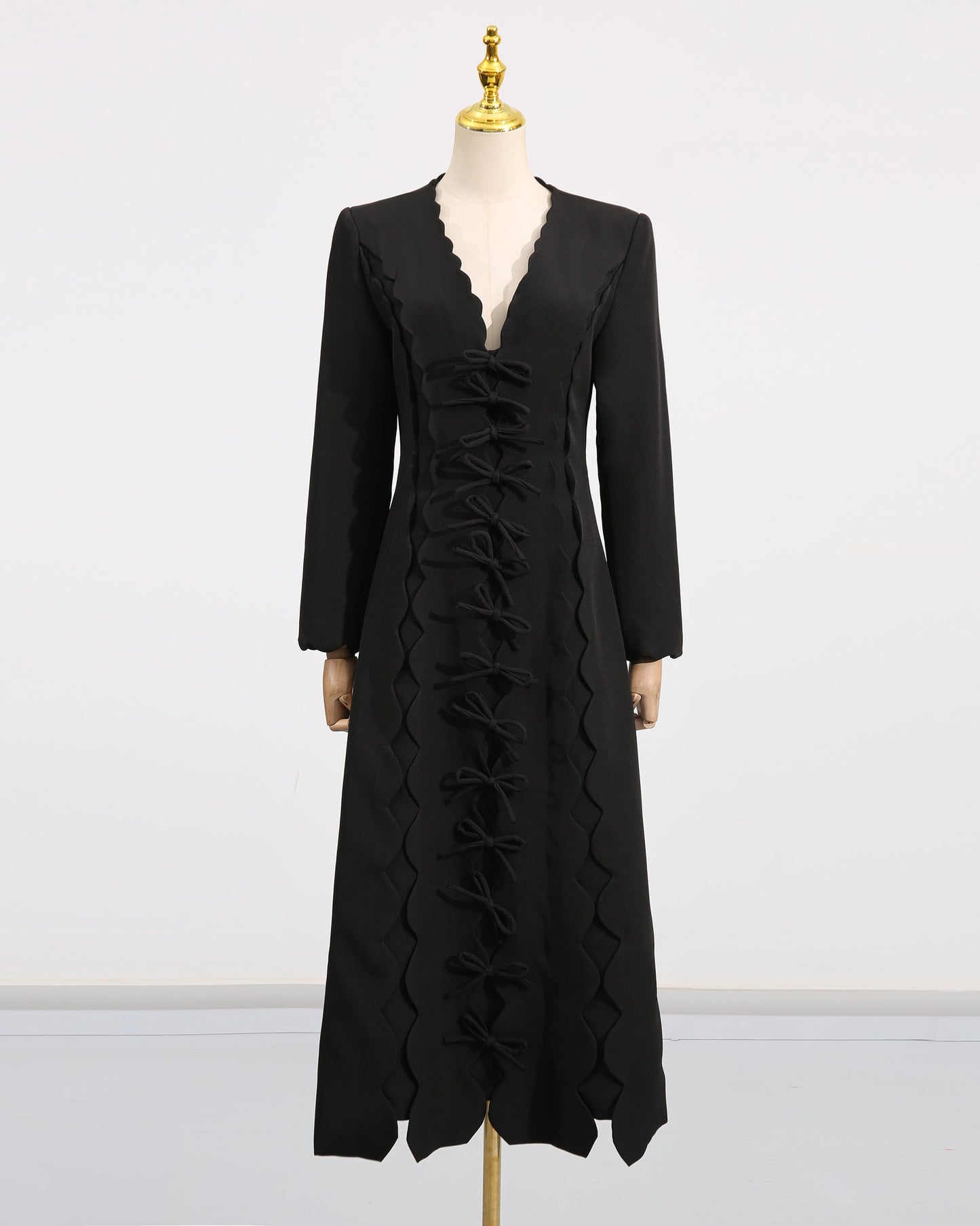 Black Scalloped Bow Midi Dress