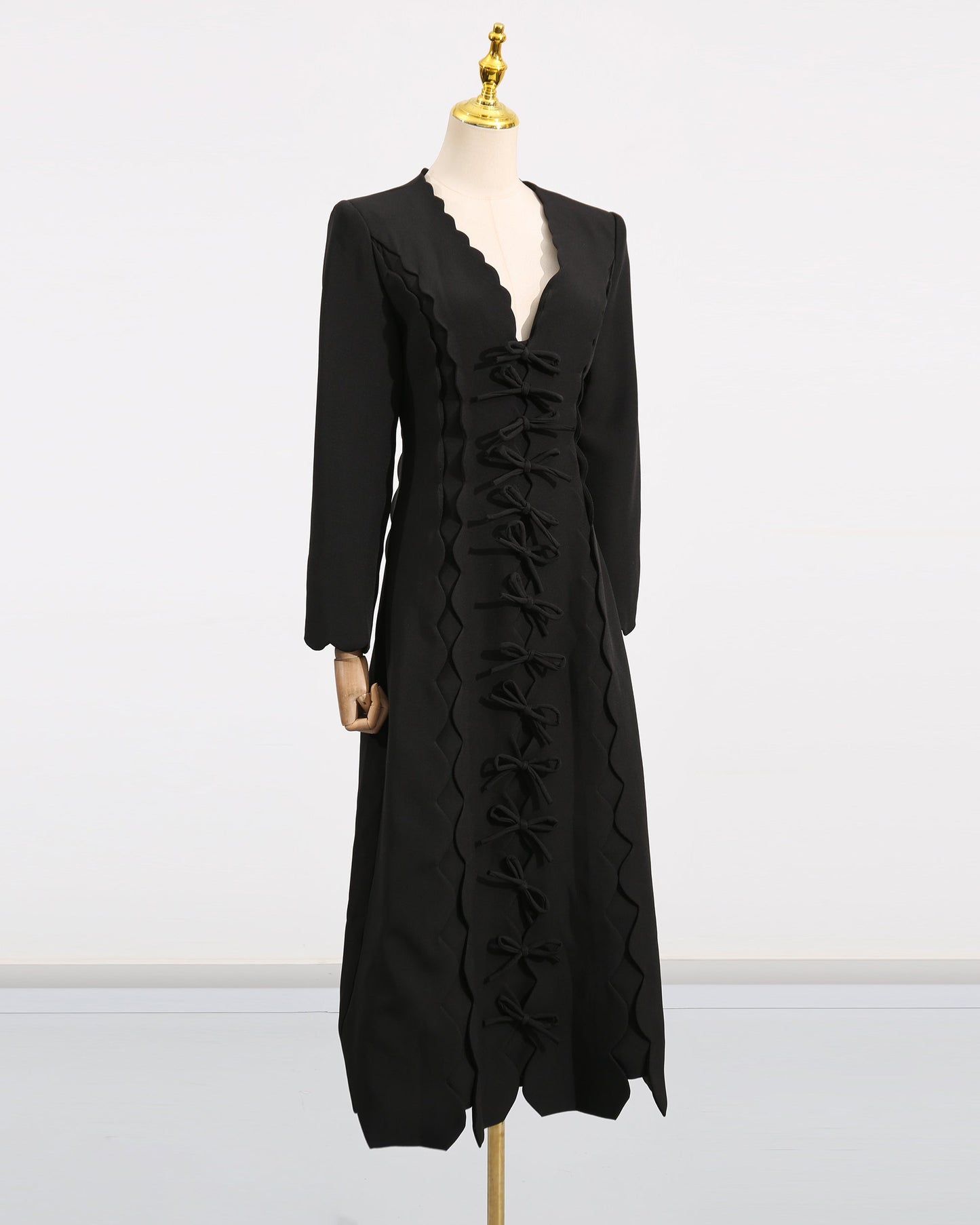 Black Scalloped Bow Midi Dress