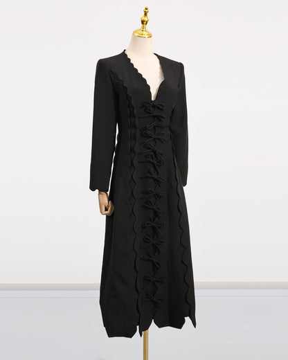 Black Scalloped Bow Midi Dress