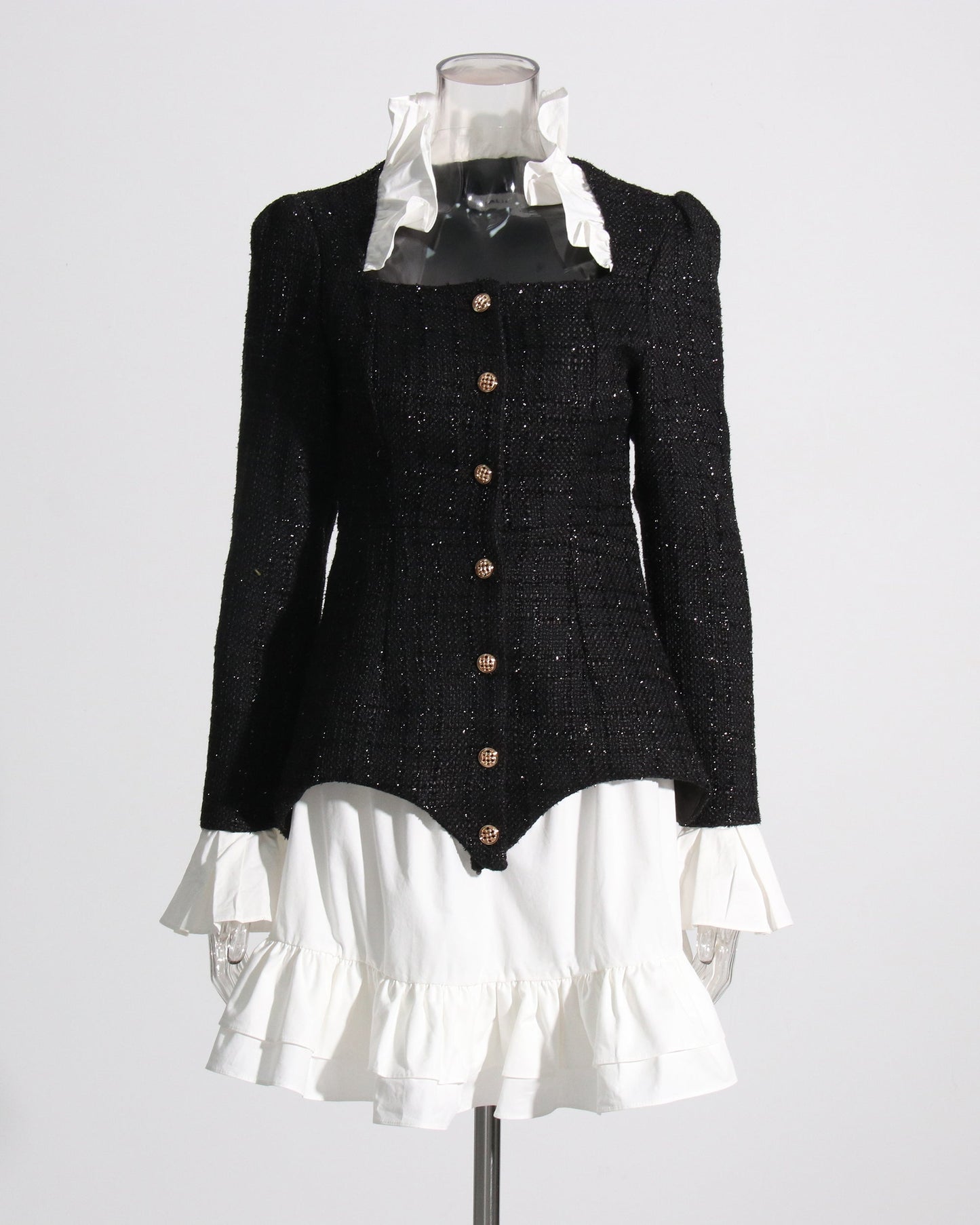 Black Sequin Blazer & White Ruffle Dress Set