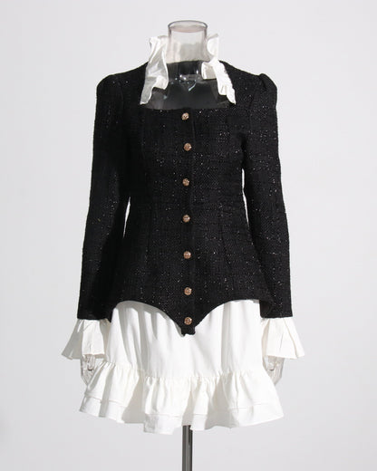 Black Sequin Blazer & White Ruffle Dress Set