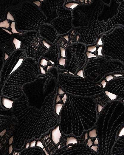 Black Stand Collar Lace Midi Dress