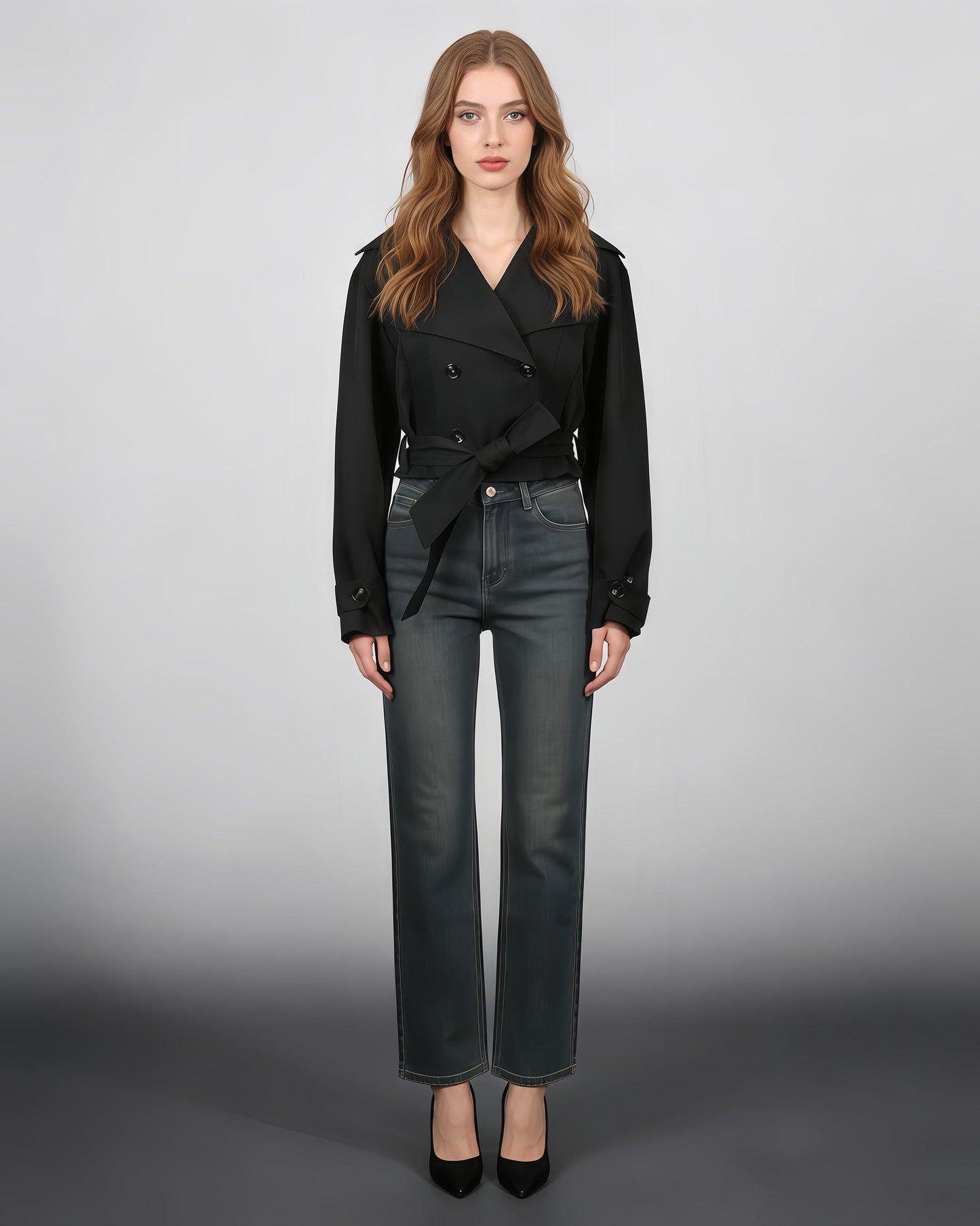 Black Cropped Trench Coat with Belted Waist